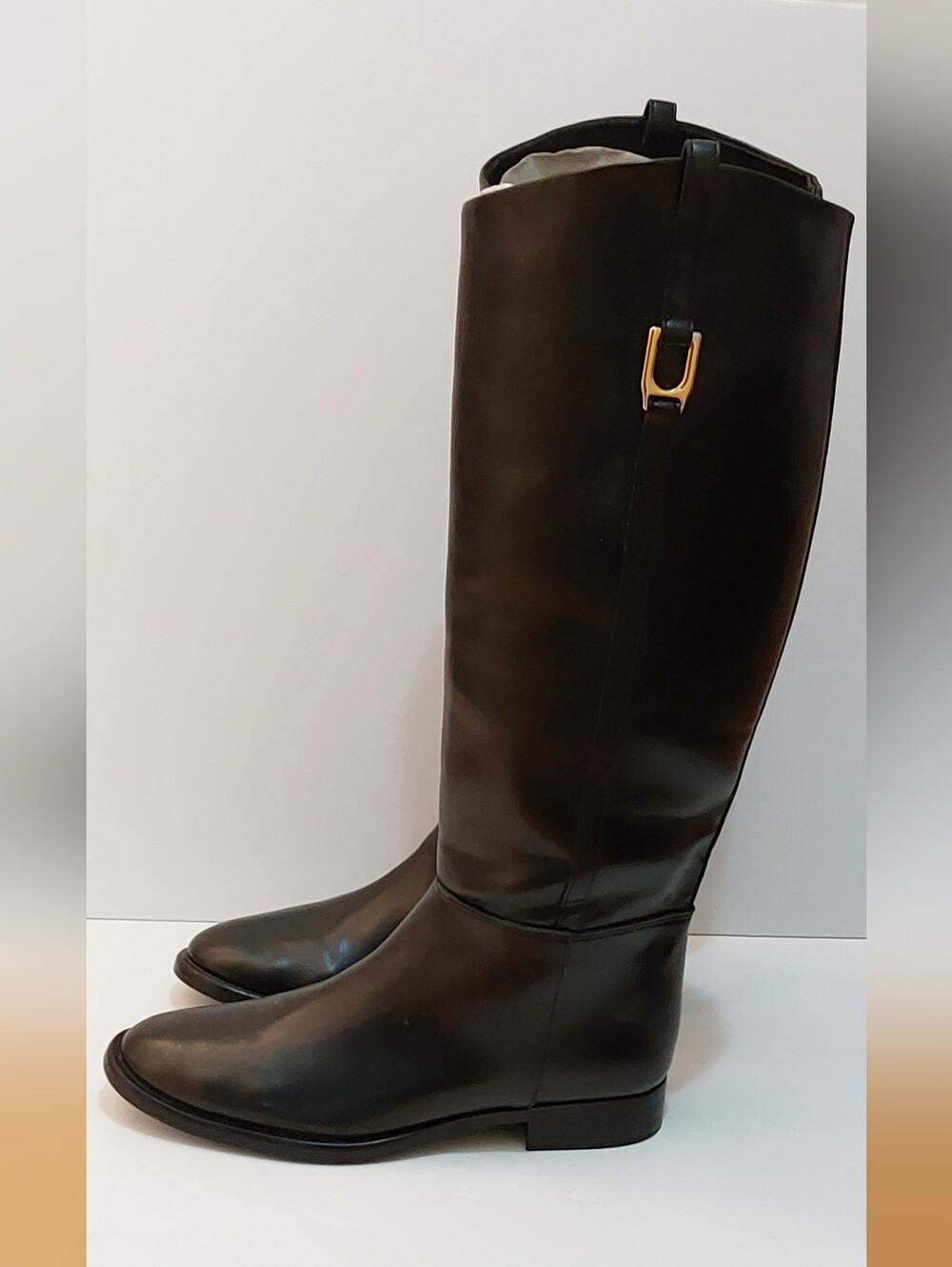 NWOT   Zara Black Leather Riding Boots With Gold Metal Buckle Detail